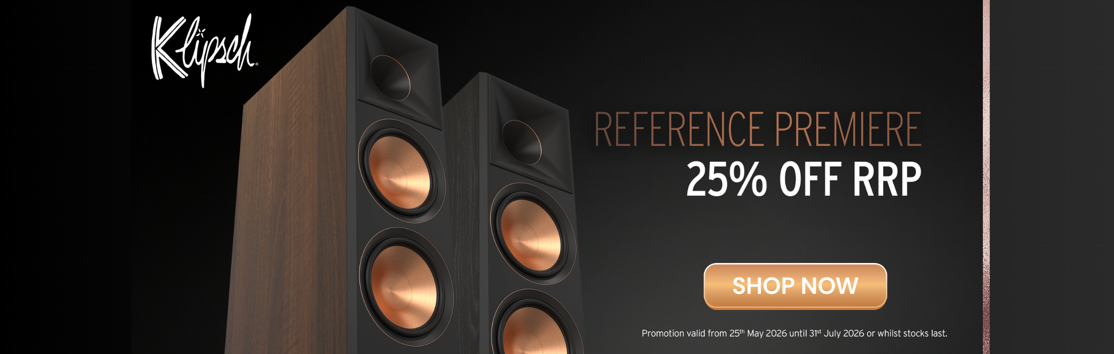 Klipsch speakers with promotional text for 25% off RRP on a dark background