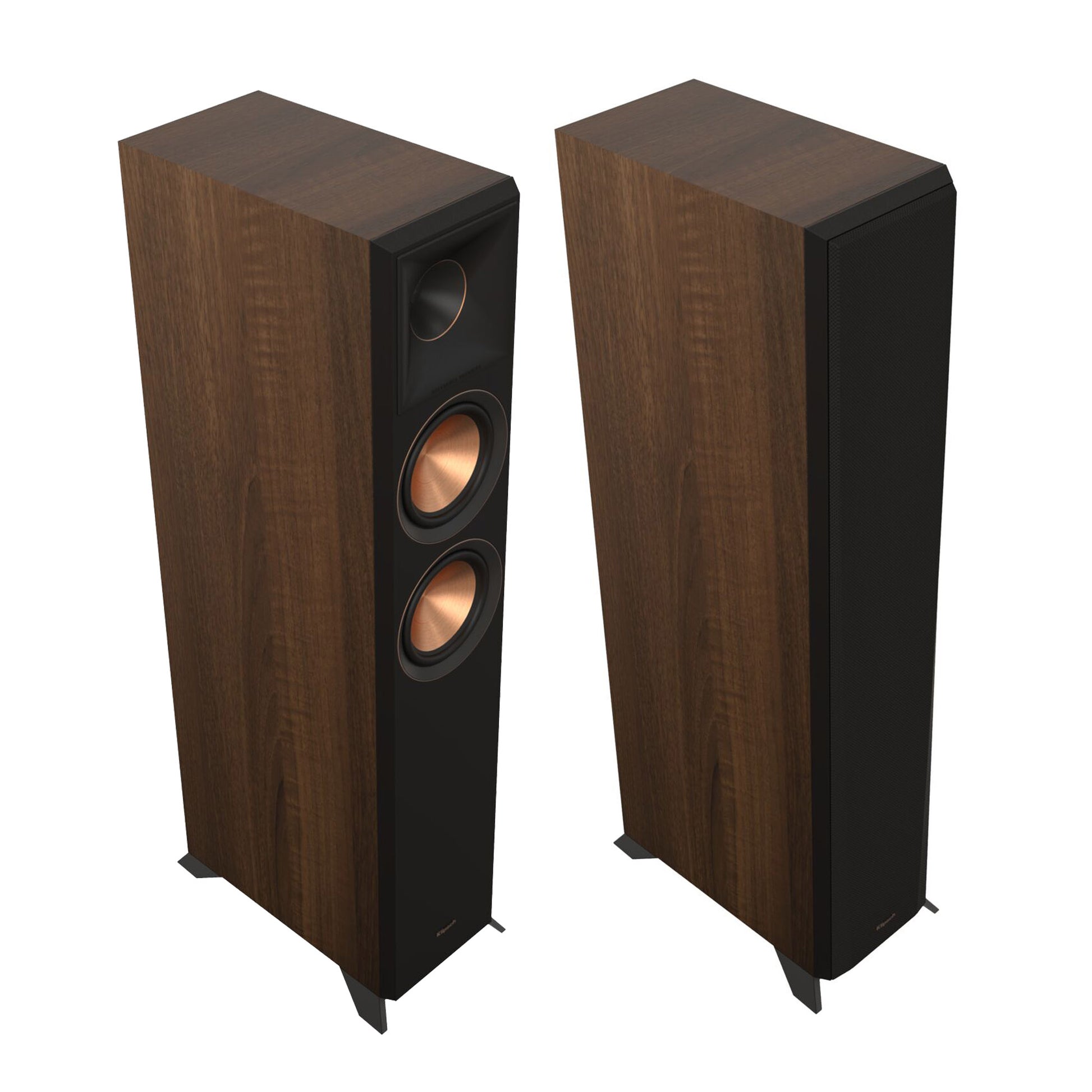 A pair of Klipsch RP-5000F II floorstanding speakers in black color with dual woofers and a titanium dome horn tweeter.