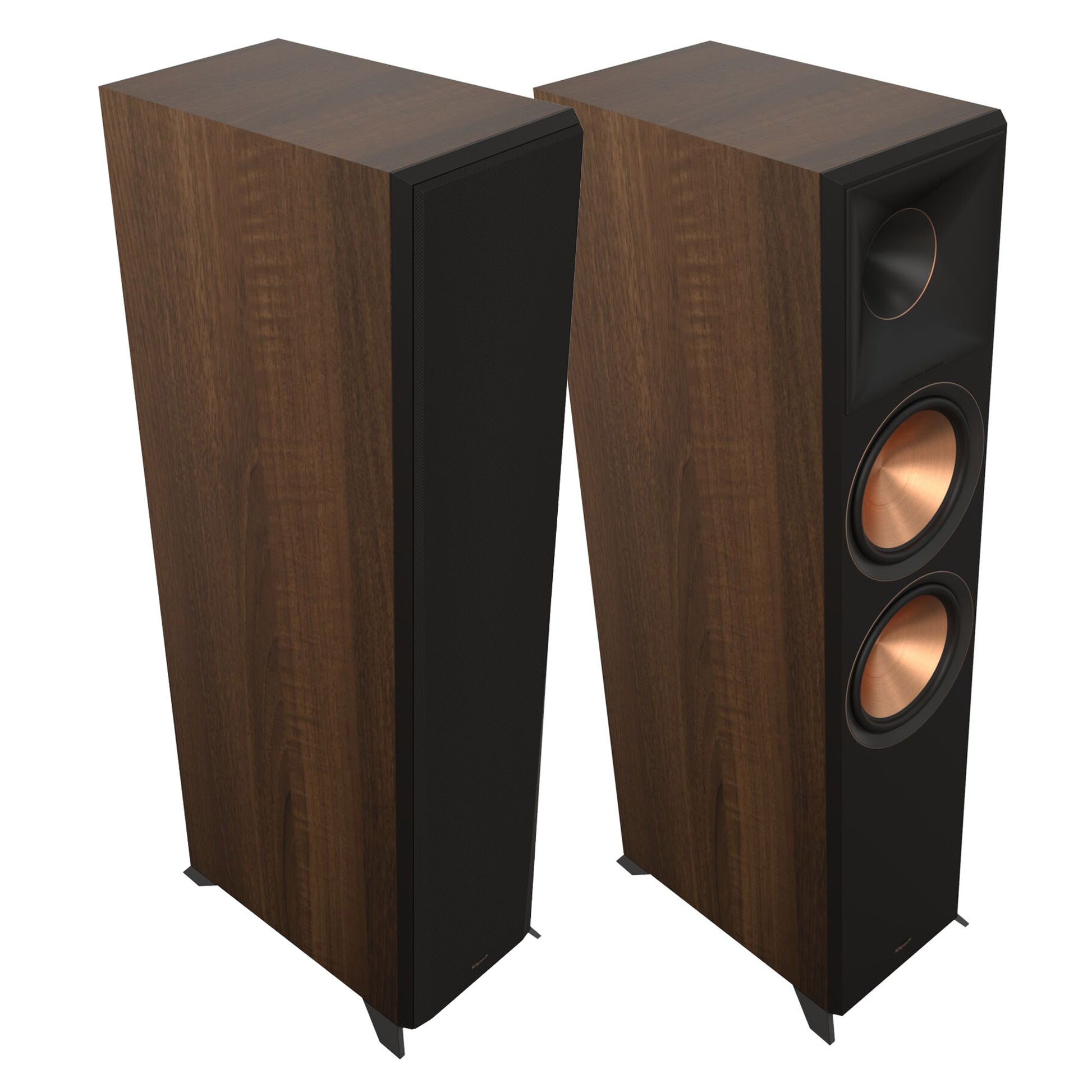 A pair of Klipsch RP-8000F II floorstanding speakers, walnut with dual woofers and a titanium dome horn tweeter.