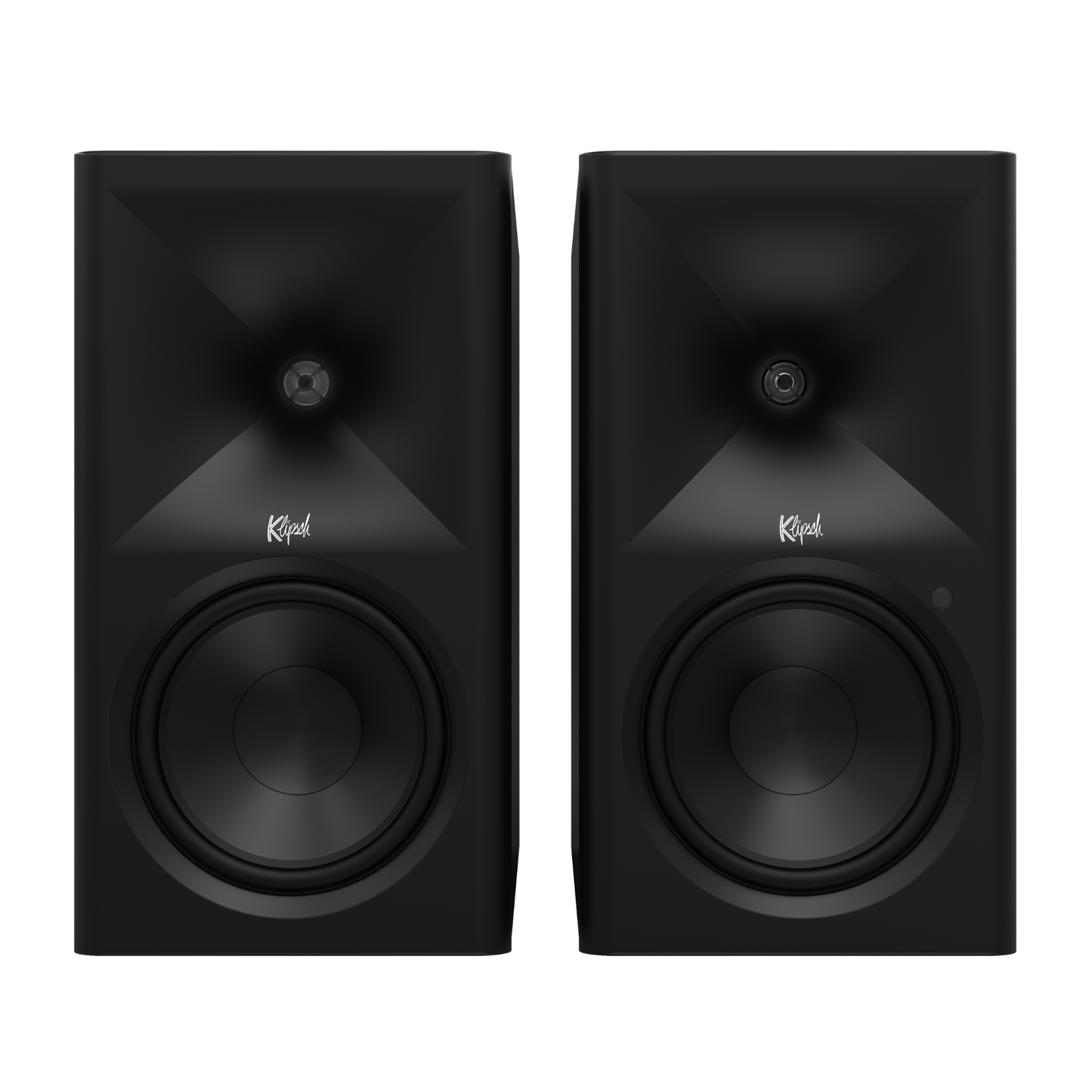 Pair of black Klipsch speakers on a white background