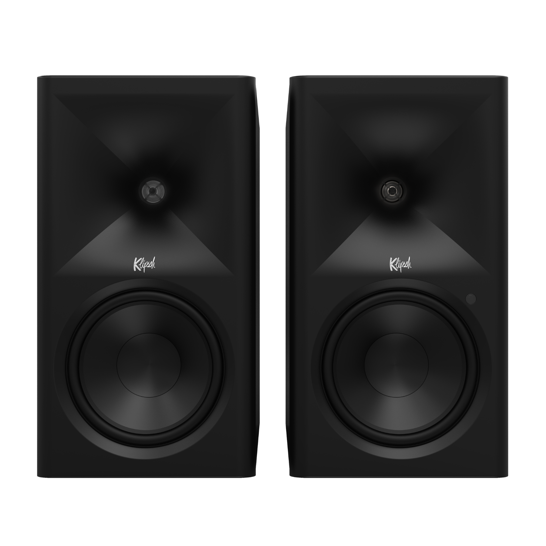 Pair of black Klipsch speakers on a white background
