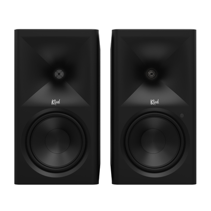 Pair of black Klipsch speakers on a white background