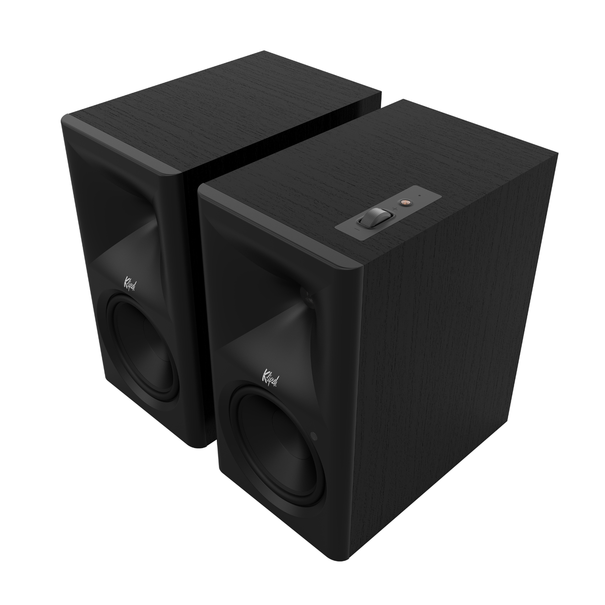 Front angle of black Klipsch The Sevens II Powered Speakers on white background