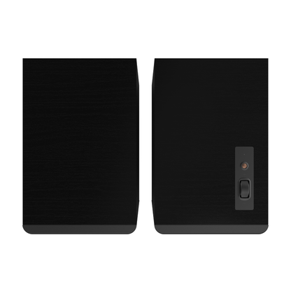 Top view of black Klipsch The Sevens II Powered Speakers on white background