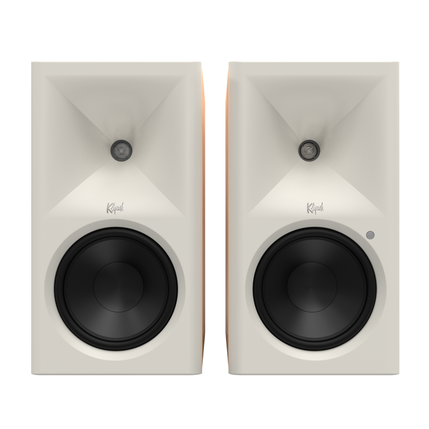 Front view of red oak Klipsch The Sevens II Powered Speakers on white background