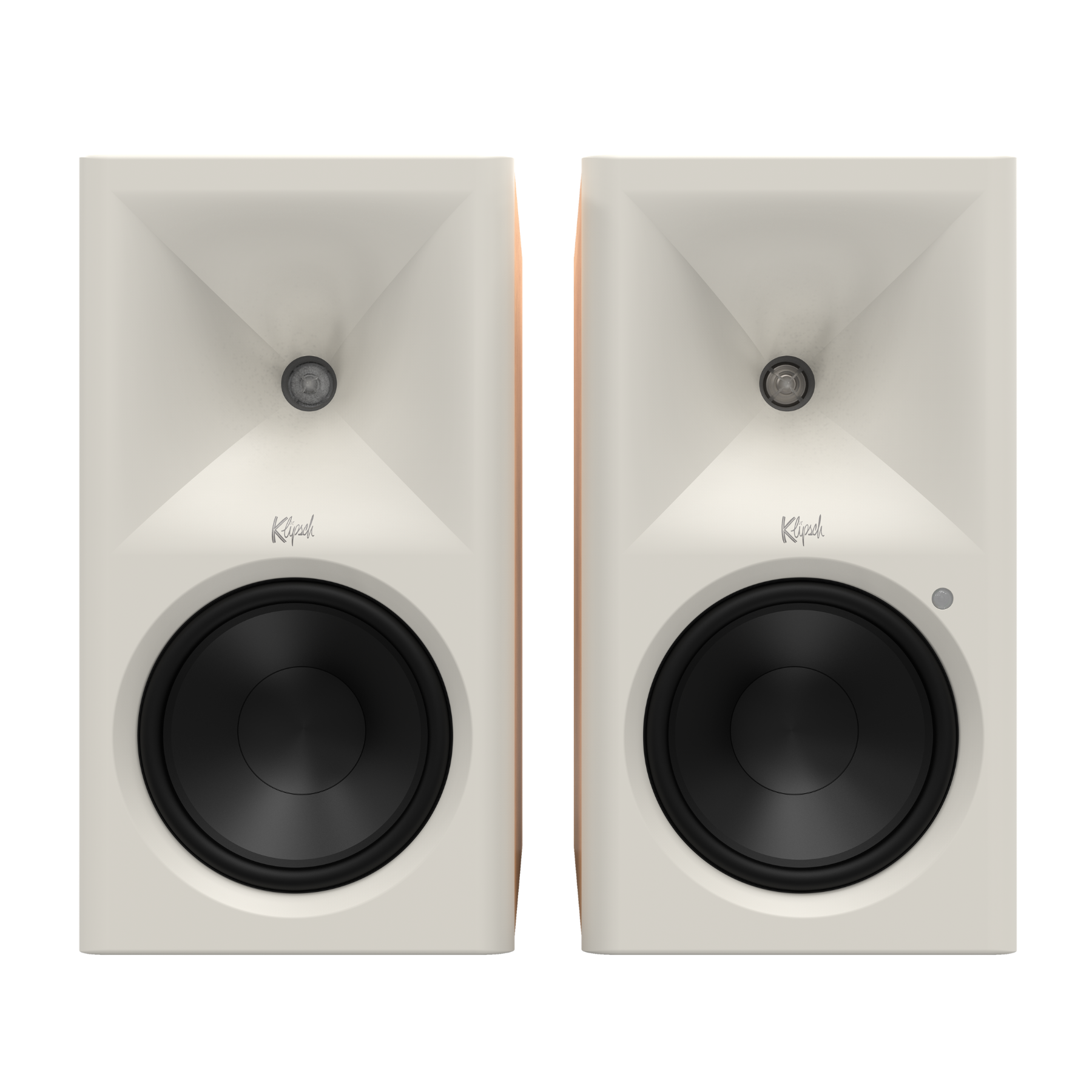 Front view of red oak Klipsch The Sevens II Powered Speakers on white background