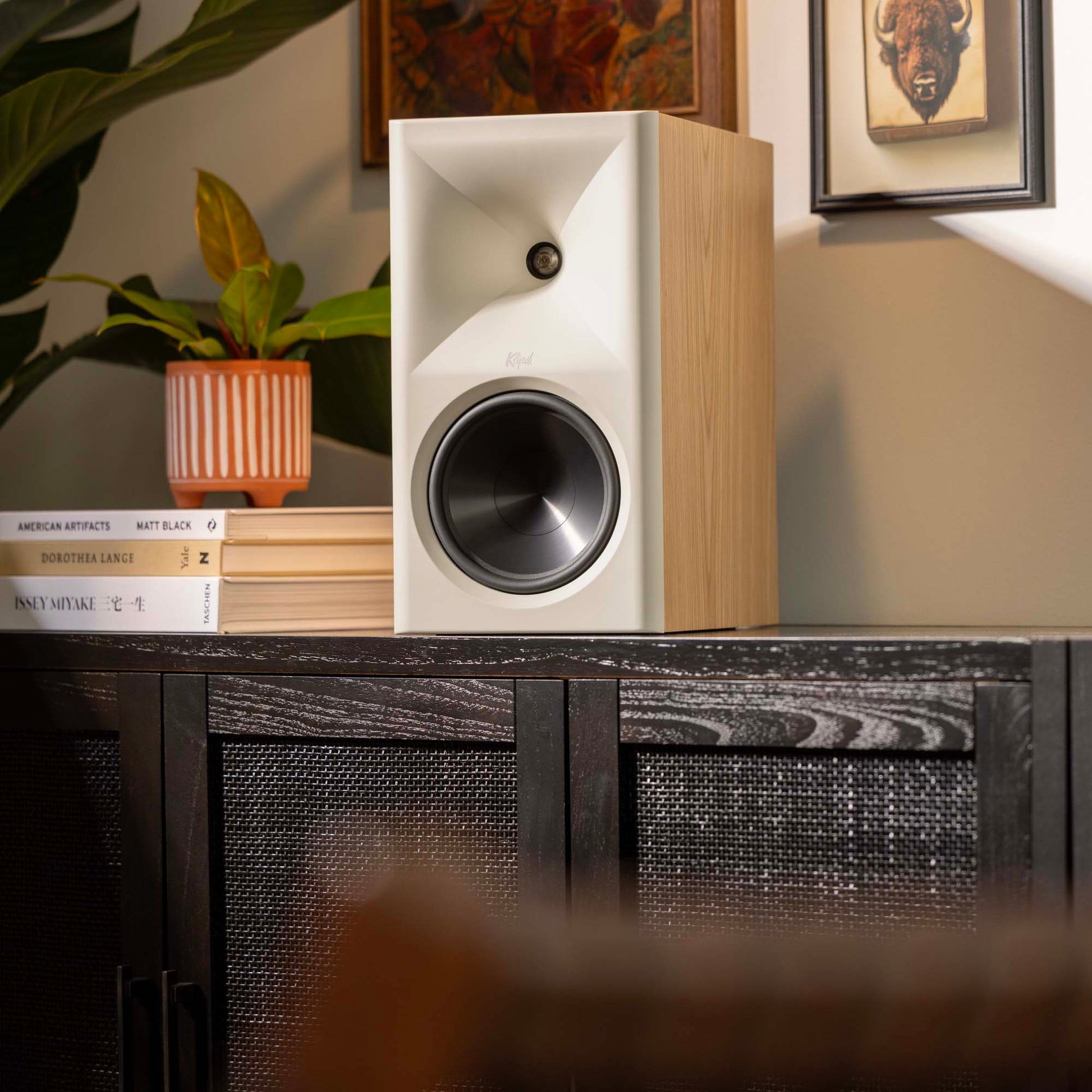 Bookshelf speaker on a decorative shelf with books and a plant