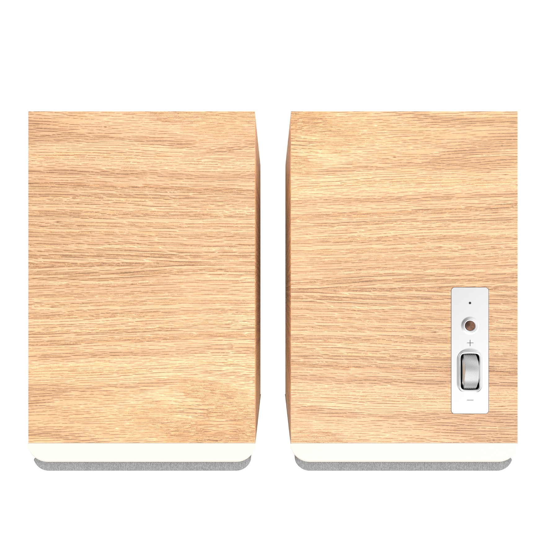 Top view of red oak Klipsch The Sevens II Powered Speakers on white background
