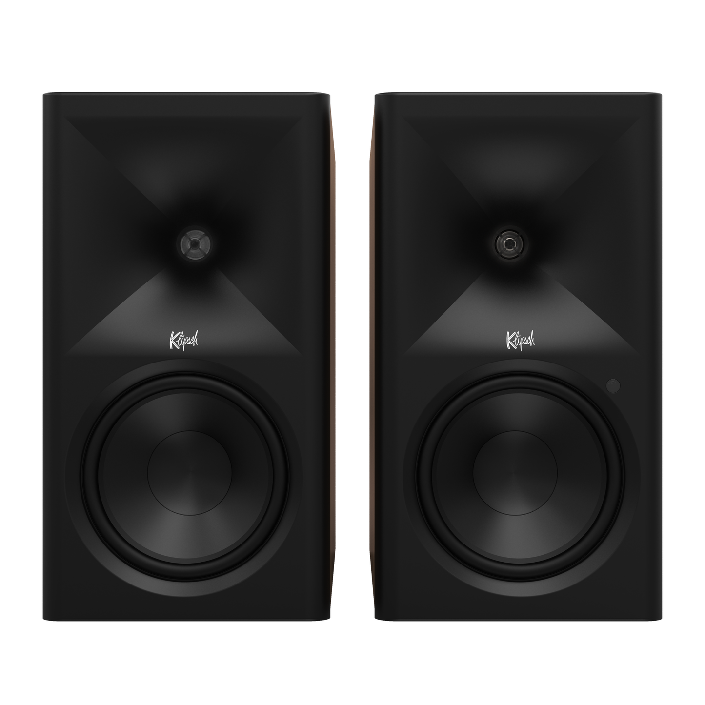 Front view of walnut Klipsch The Sevens II Powered Speakers on white background