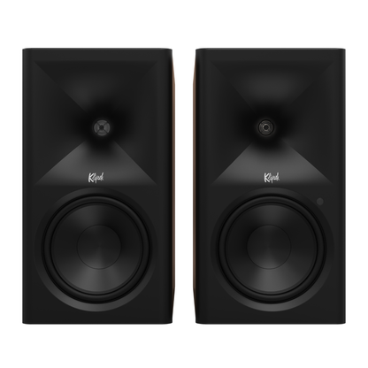 Front view of walnut Klipsch The Sevens II Powered Speakers on white background
