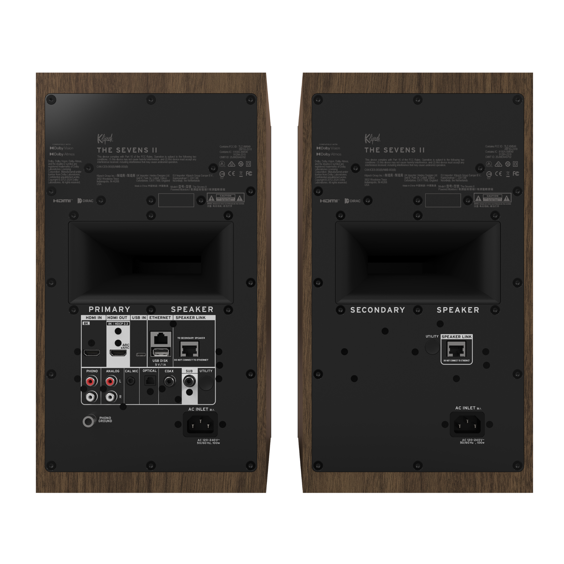 Back view of walnut Klipsch The Sevens II Powered Speakers on white background