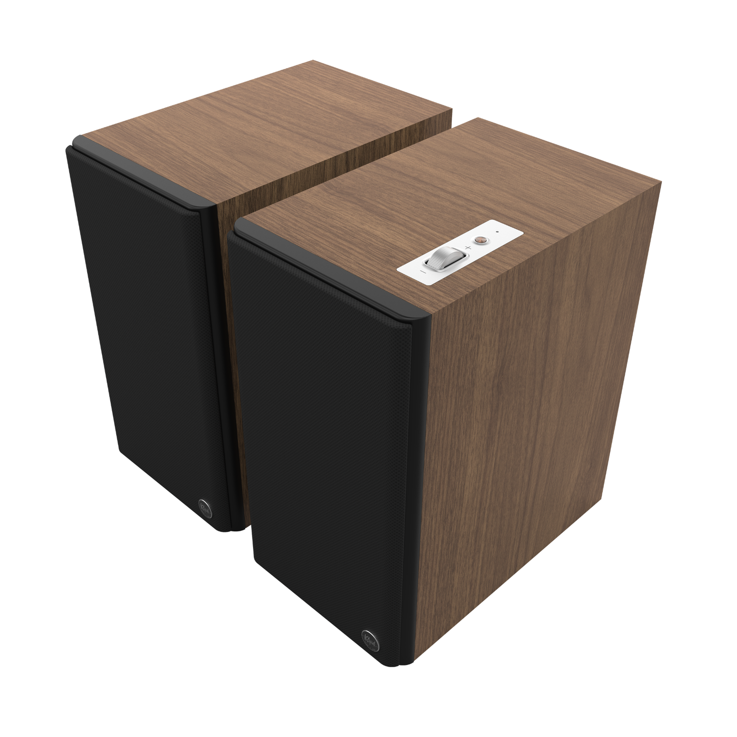 Front angle of walnut Klipsch The Sevens II Powered Speakers on white background