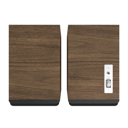Top view of walnut Klipsch The Sevens II Powered Speakers