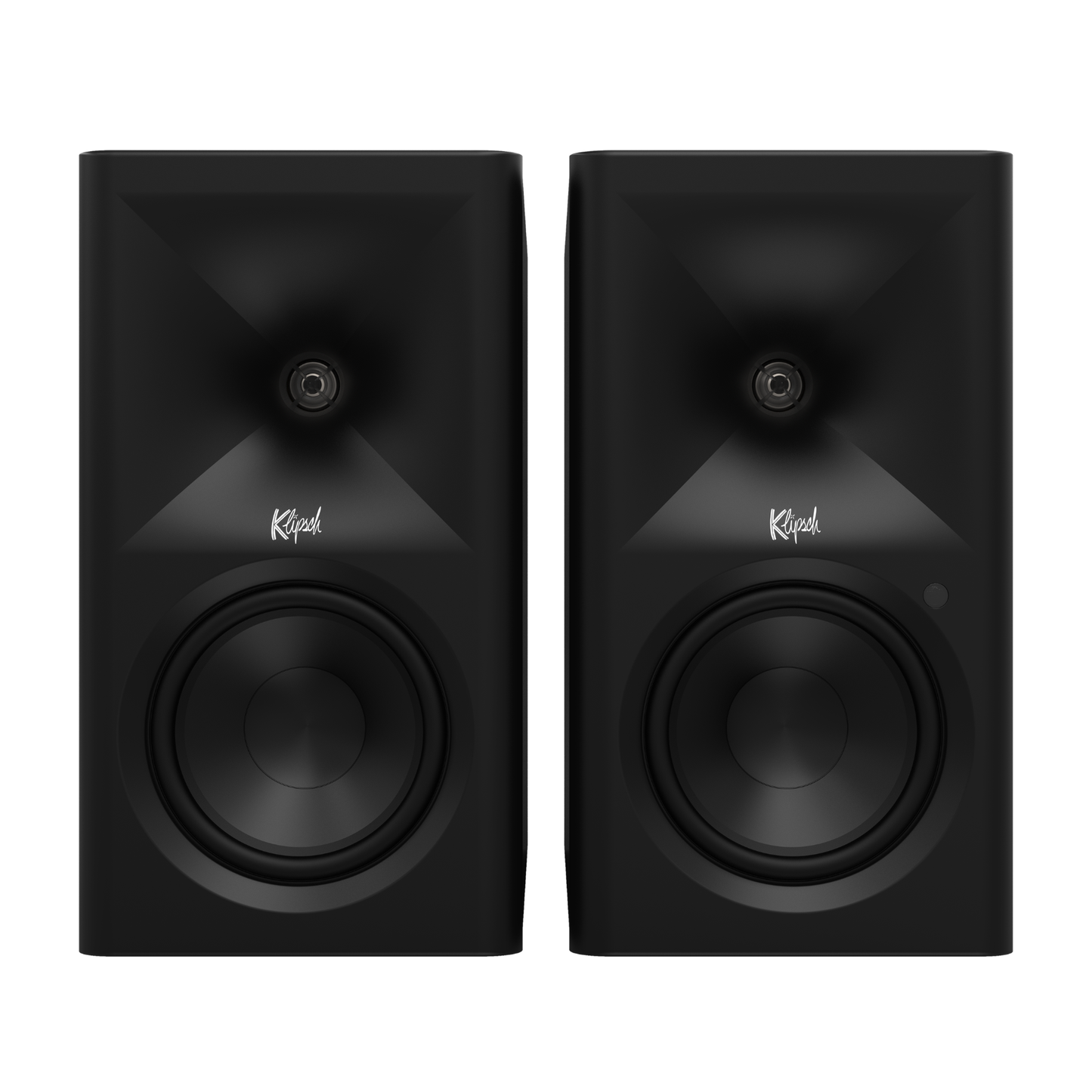 Front view of black Klipsch The Fives II Powered Speakers with grilles off