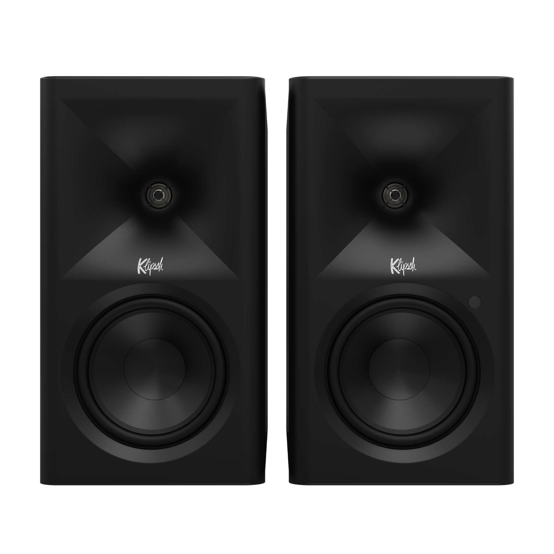 Front view of black Klipsch The Fives II Powered Speakers with grilles off