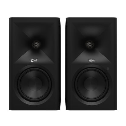 Front view of black Klipsch The Fives II Powered Speakers with grilles off