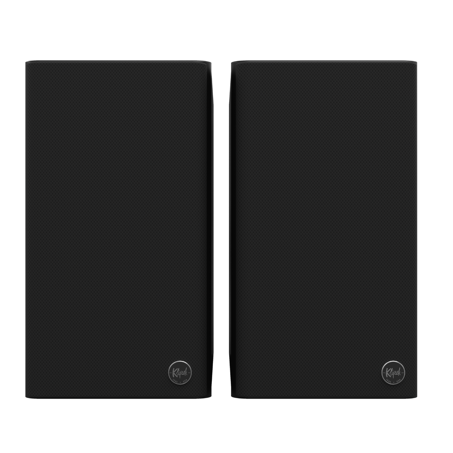 Front view of black Klipsch The Fives II Powered Speakers with grilles on