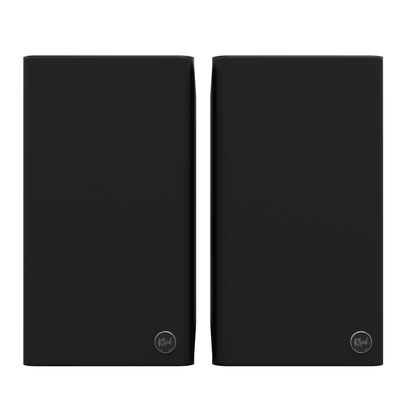 Front view of black Klipsch The Fives II Powered Speakers with grilles on