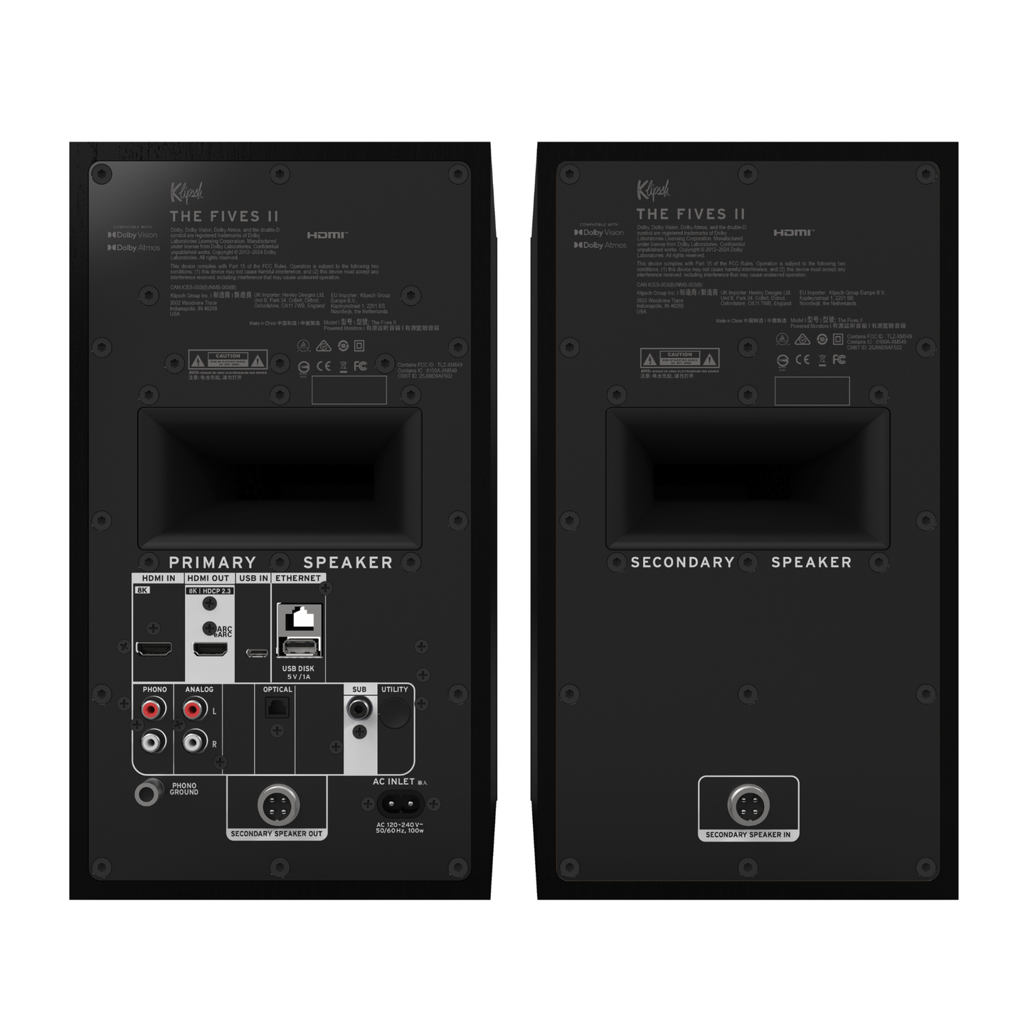 Back views of two speakers labeled 'Primary Speaker' and 'Secondary Speaker' on a white background.