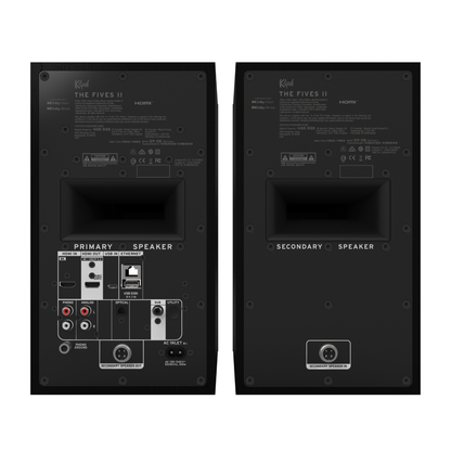Back views of two speakers labeled 'Primary Speaker' and 'Secondary Speaker' on a white background.