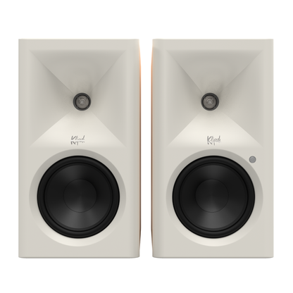 Front view of Klipsch The Fives II Powered Speakers in Red Oak