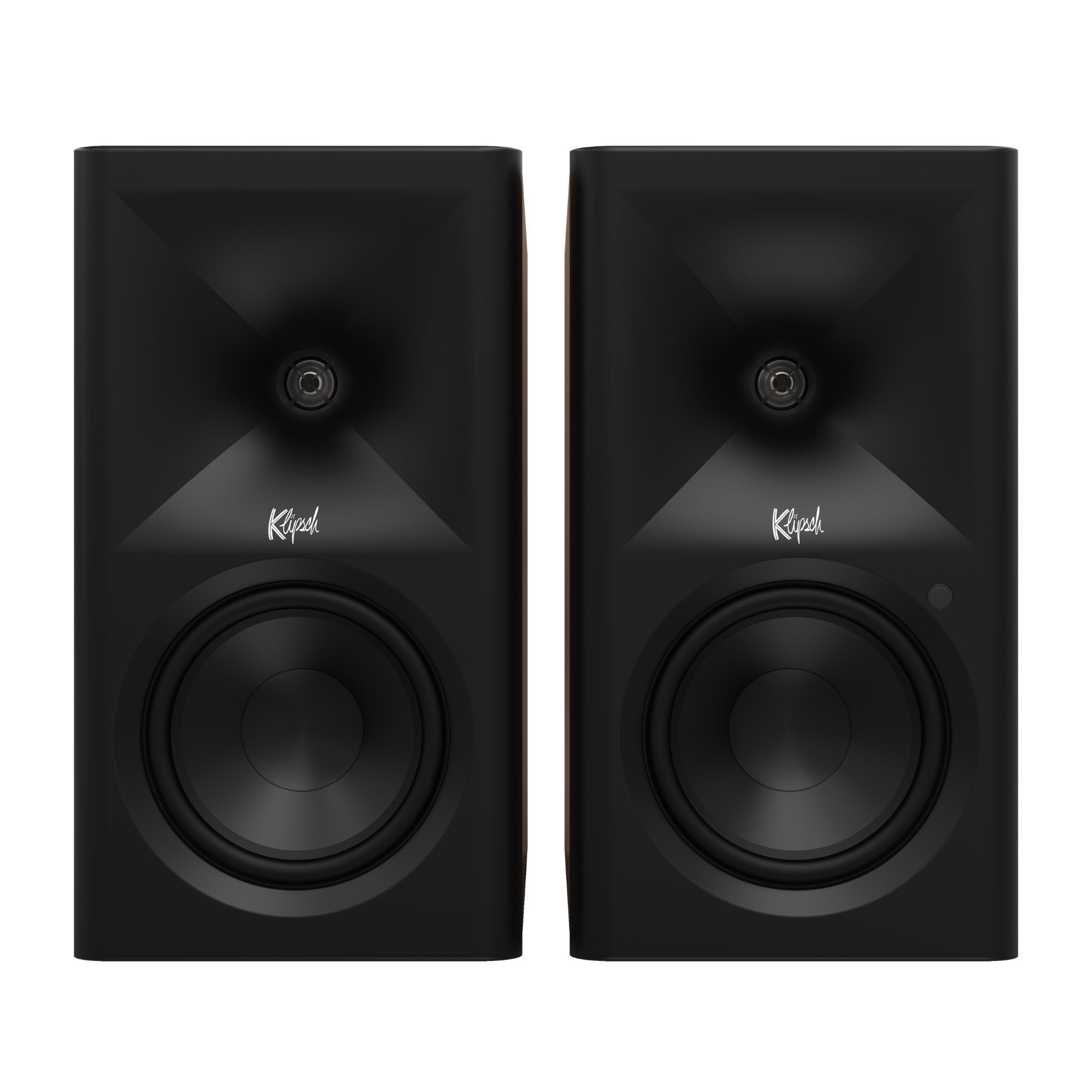 Front of walnut Klipsch The Fives II Powered Speakers