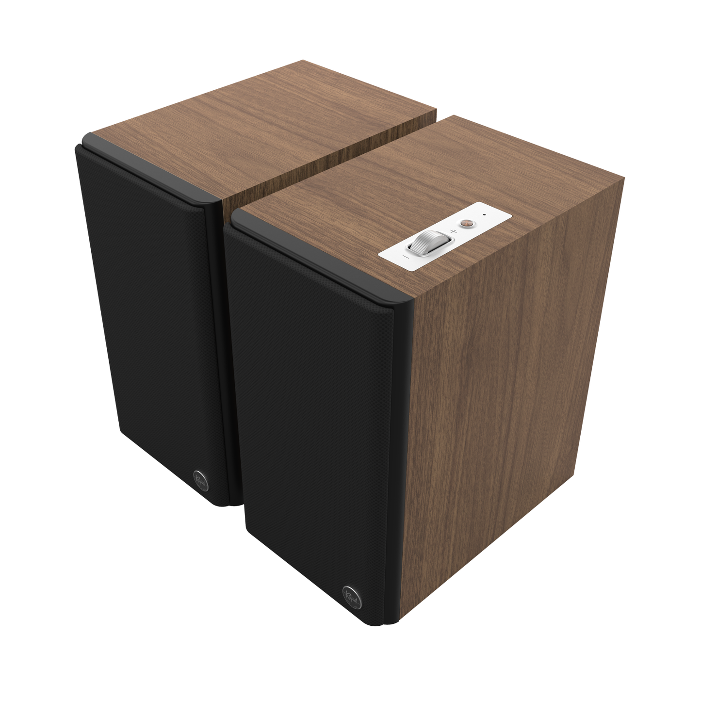 Angle view of Klipsch The Fives II Powered Speakers in walnut finish