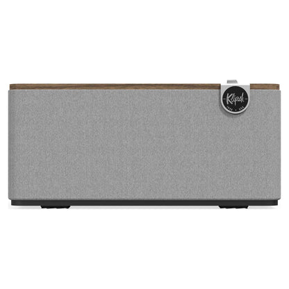Front view of Klipsch The One Plus Bluetooth Speaker in walnut