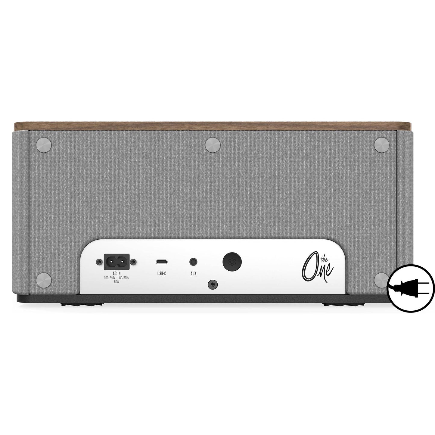 Back view of Klipsch The One Plus Bluetooth Speaker in walnut