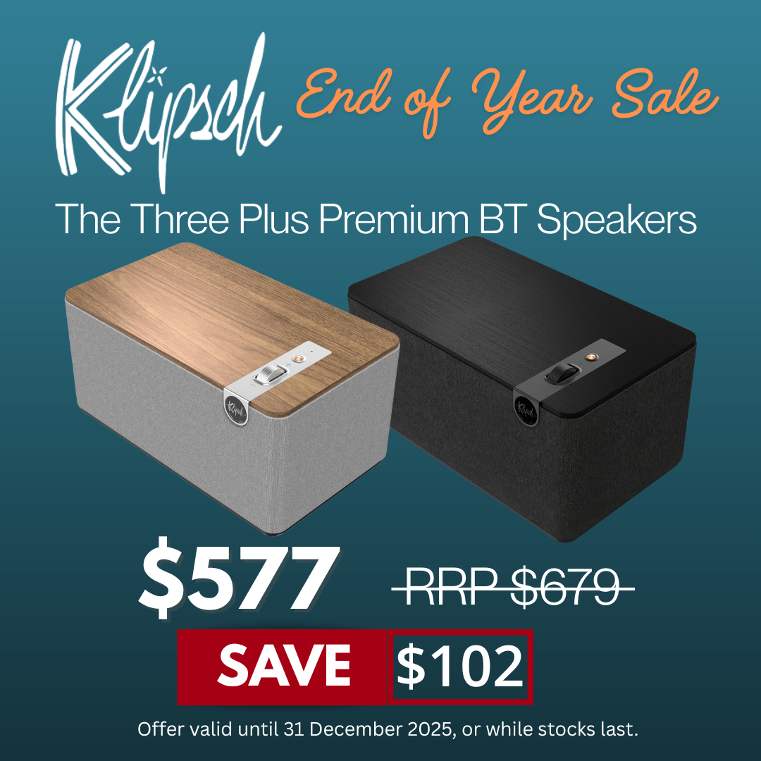 Klipsch promotional image for Three Plus Premium BT Speakers with a sale price and discount information.