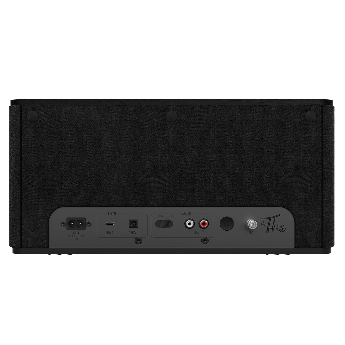 Back view of black Klipsch The Three Plus Bluetooth Speaker on white background