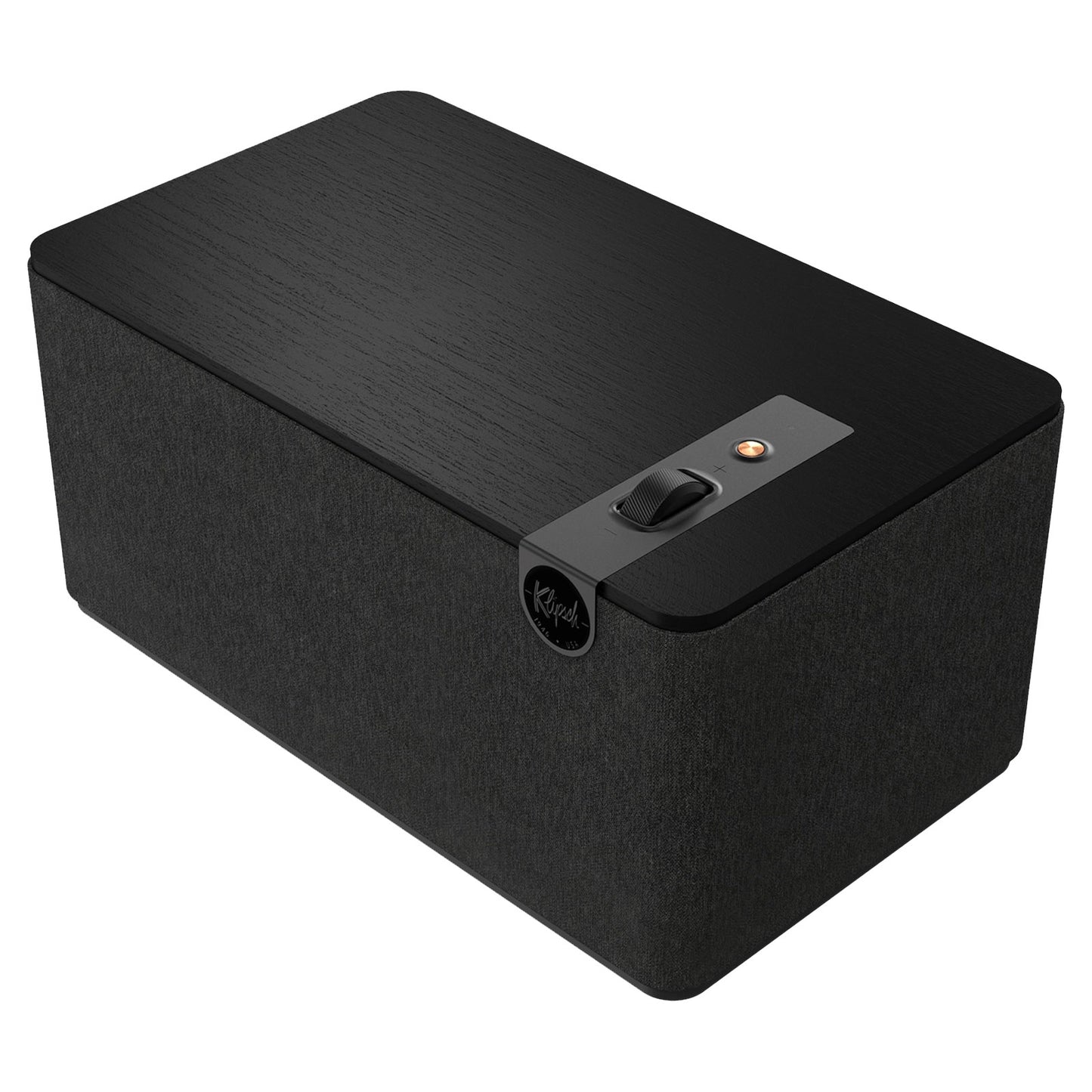 Top angle view of black Klipsch The Three Plus Bluetooth Speaker on white background