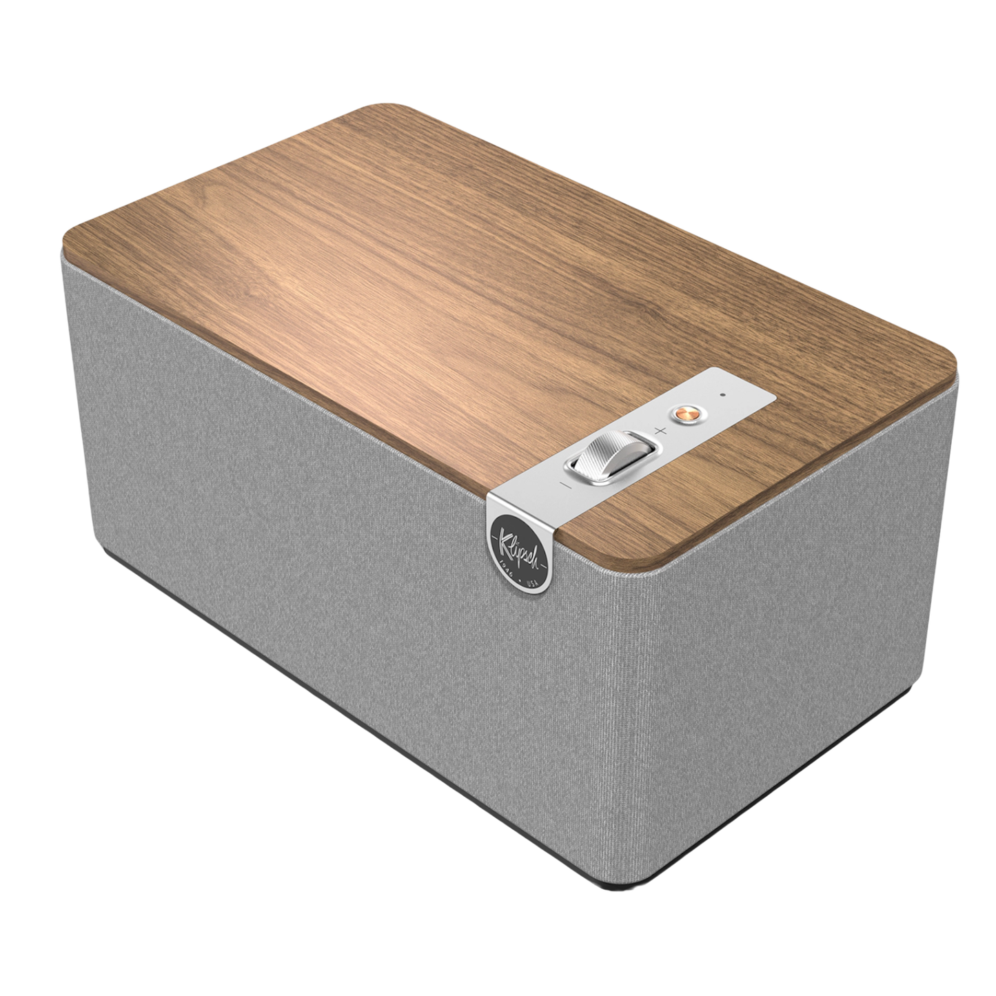 Top angle view of Klipsch The Three Plus Bluetooth Speaker in walnut on white background