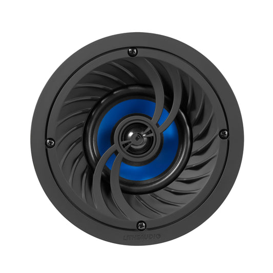 Round speaker with black and blue design on a white background