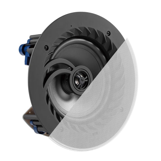 Ceiling speaker with white grille on a white background