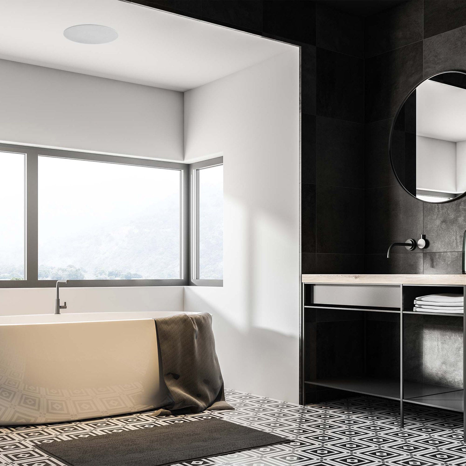 Lithe Audio In-ceiling speakers in bathroom