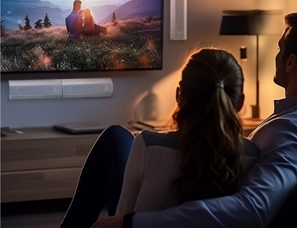 Couple watching a romantic scene on a TV in a dimly lit room.