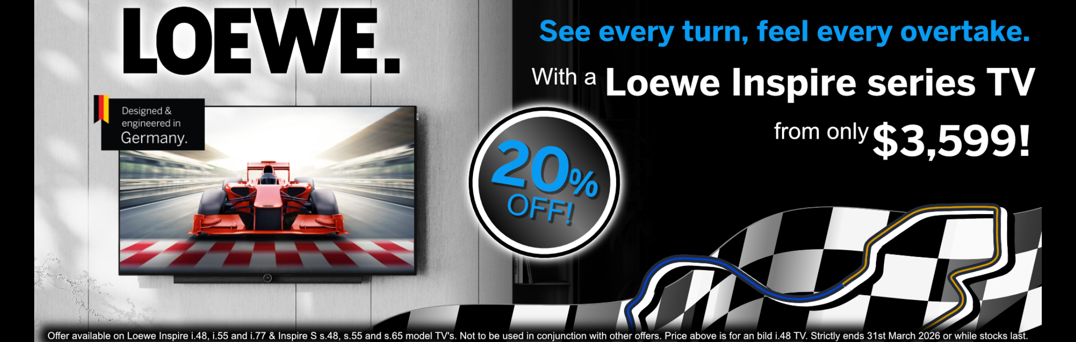 Loewe TV advertisement with a racing car graphic and promotional text.