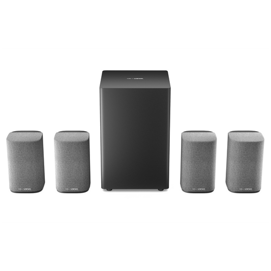 Set of black and gray speakers on a white background