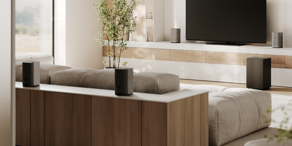 Modern living room with a TV, speakers, and decorative elements.