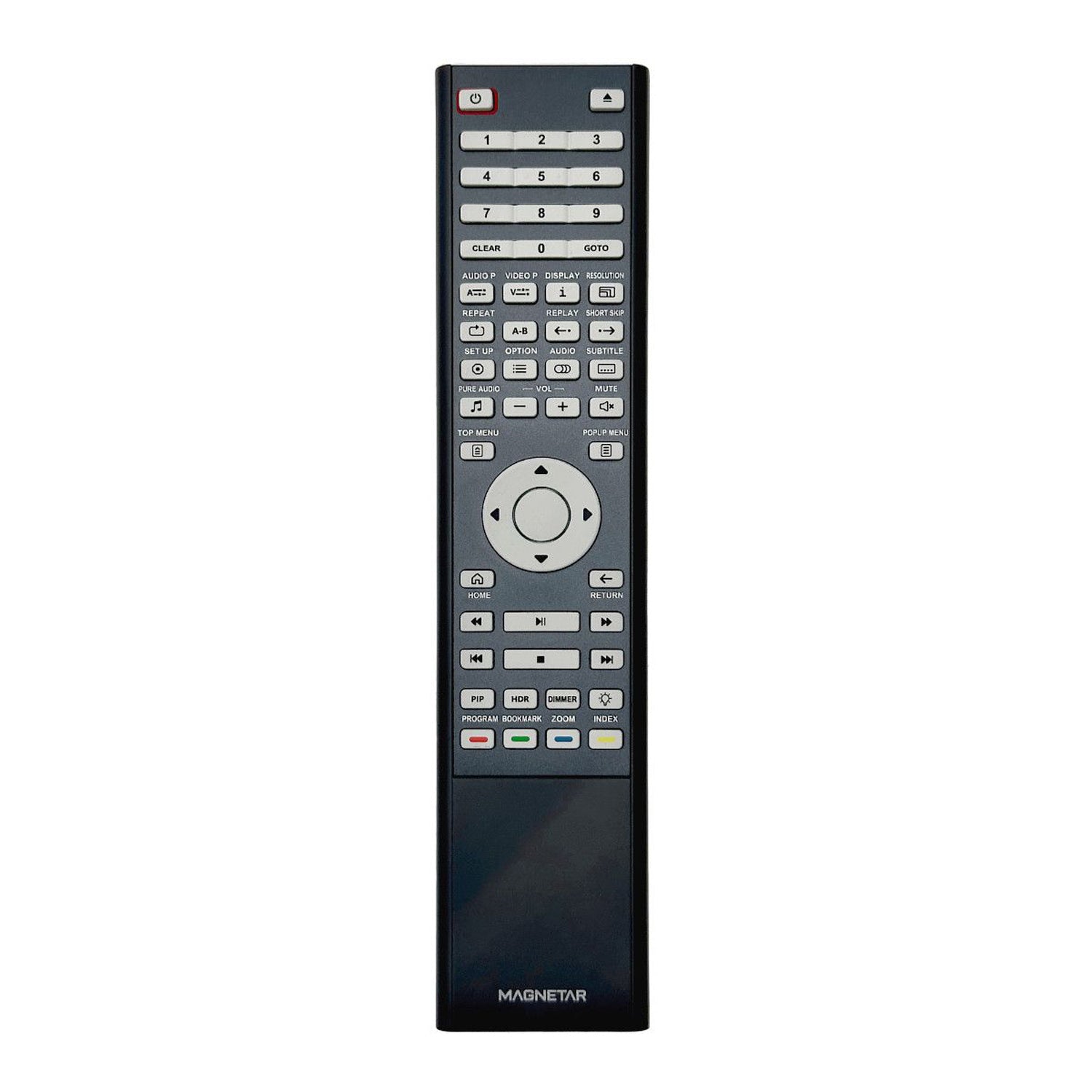 Black remote control with multiple buttons on a white background