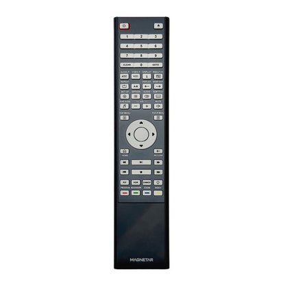 Black remote control with multiple buttons on a white background