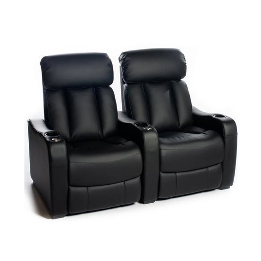 Two black leather recliner chairs on a white background