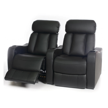 Two black recliner chairs on a white background