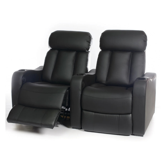 Two black recliner chairs on a white background