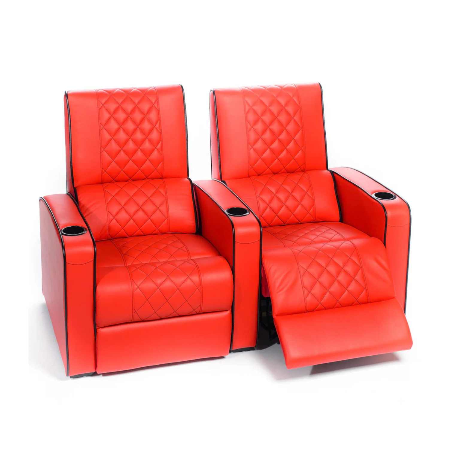 Two red recliner chairs with quilted design on a white background