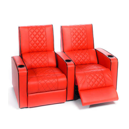 Two red recliner chairs with quilted design on a white background