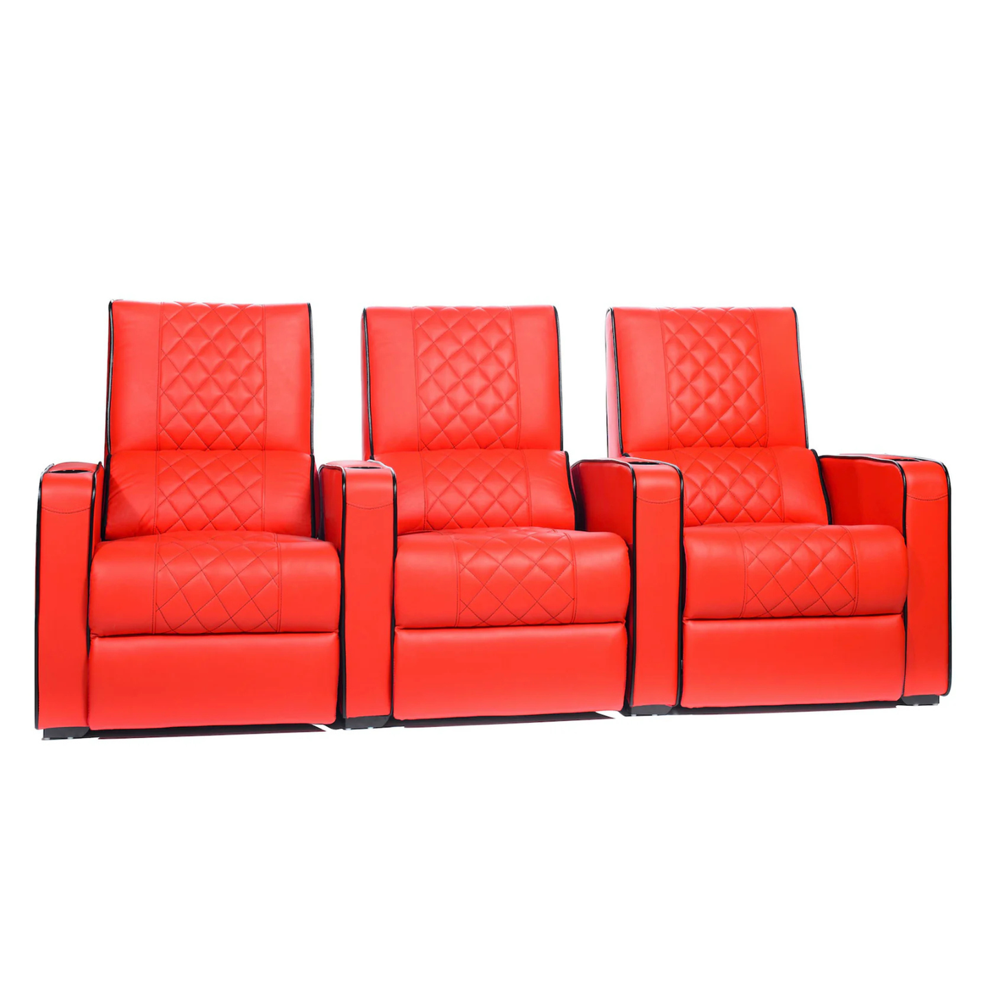 Three red recliner chairs with quilted design on a white background