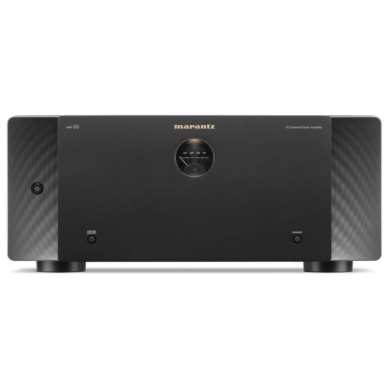 Front view of the Marantz AMP 10 Multi-Channel Power Amplifier with a black finish and control knobs on the front panel.