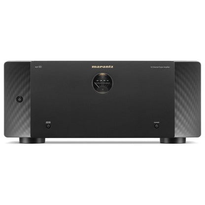 Front view of the Marantz AMP 10 Multi-Channel Power Amplifier with a black finish and control knobs on the front panel.